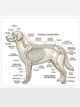 Skeletal system of a dog is shown with labeled anatomical parts. This illustration is used for veterinary anatomy and pet medical education.