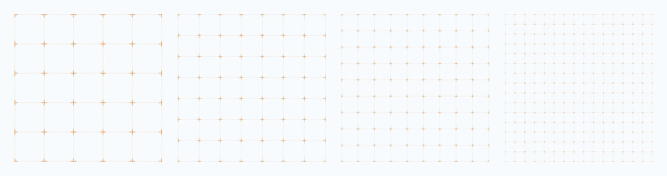 Square grid collection dotted axis geometry, four samples blueprint style. Guide line lattice structure, interface layouts editorial compositions planning sheets dashboards digital technology graphics
