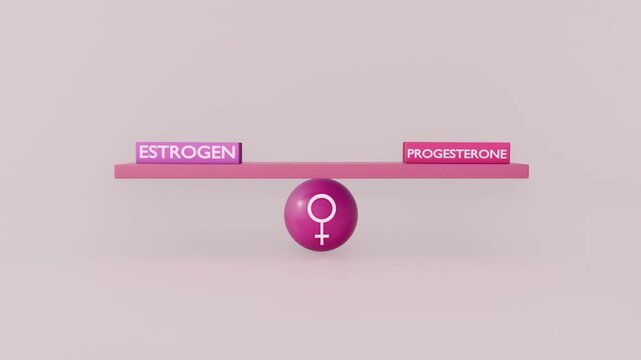 A 3d animation of pink scale representing estrogen and progesterone balances atop a female symbol, swaying before a state of horizontal equilibrium.