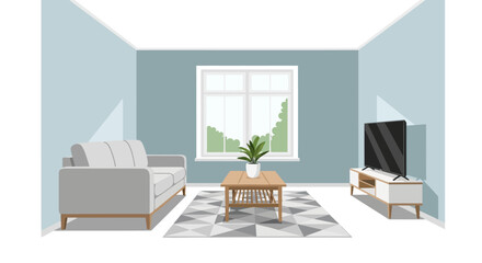 Fototapeta premium Modern Minimalist Living Room Interior Illustration with Grey Sofa, TV Stand, and Geometric Rug