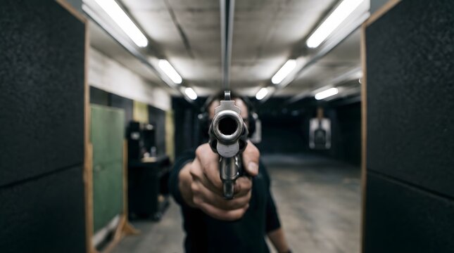 Close up of a man pointing a handgun directly at the camera inside an indoor shooting range