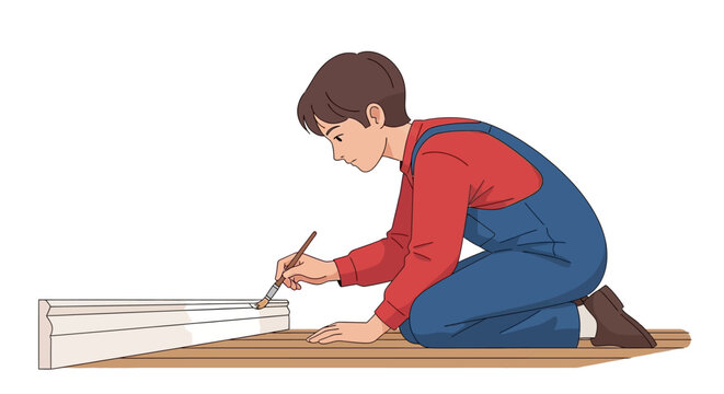Young Man in Overalls Painting Baseboard, Home DIY Renovation Illustration
