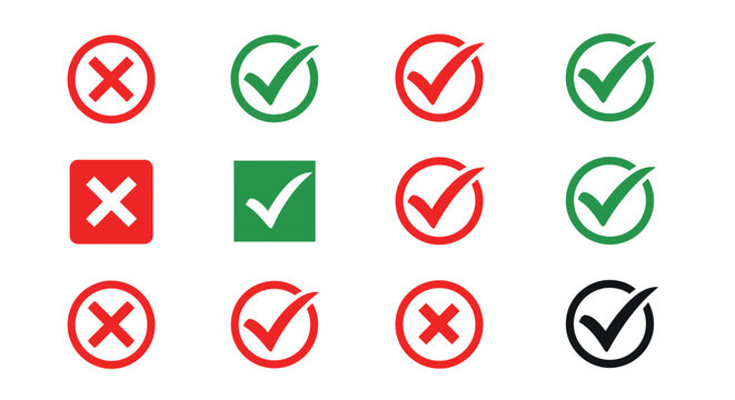Collection of red crosses and green check marks icons as symbols for quick visual indications.