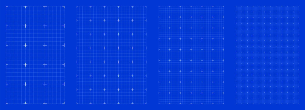 Blueprint grid set dot plus geometry, four scale variations. Wide medium dense micro spacing comparison, engineering layouts dashboards notebook pages interface planning systems technology graphics.