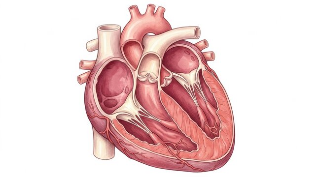 This heart cross-section illustration provides a clear view of the anatomy of a heart for veterinary medical education and training.