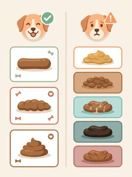 This chart displays various stool types for pets, marking healthy and unhealthy examples for educational use in veterinary settings.