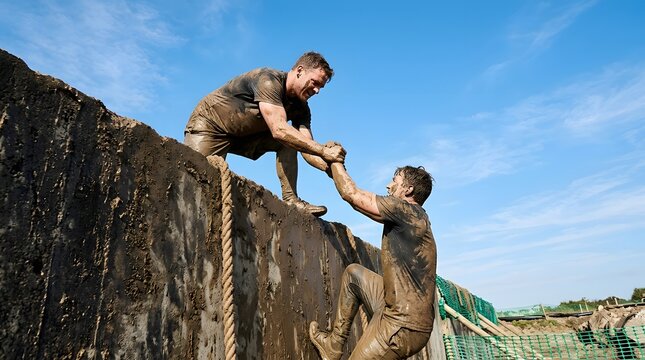 Teammate helping man climb muddy wall during extreme obstacle course race under clear blue sky