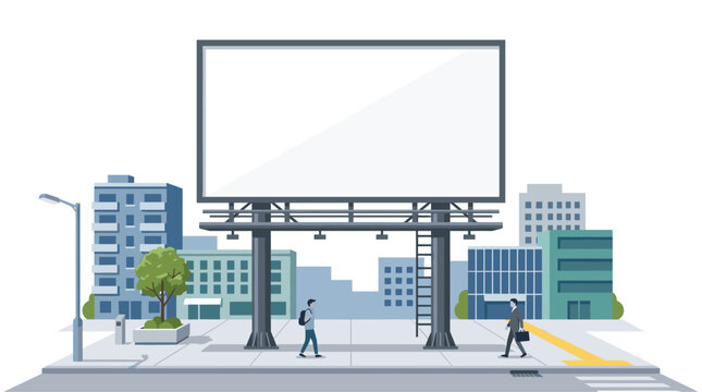 A blank advertisement billboard stands prominently on a modern city street with pedestrians walking along the sidewalk under a clear sky in a flat vector style.