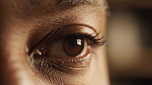 Macro Human Eye Opening And Blinking Close Up With Brown Iris And Detailed Skin Texture In Cinematic Lighting