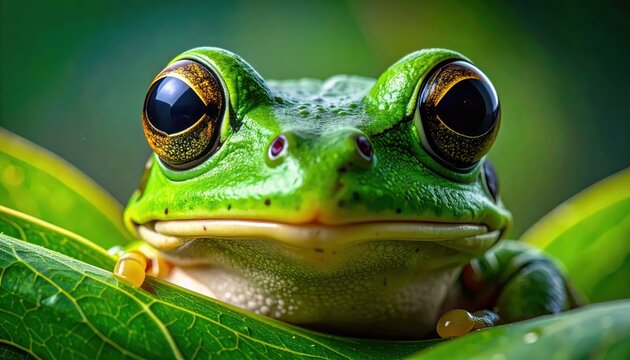 Close-up of a green frog on leaves.