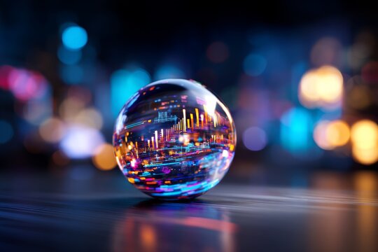 Floating Transparent Sphere Containing Colorful Moving Data with Abstract Background