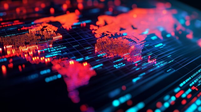 Angled digital world map with glowing red binary data on a dark network grid, featuring blue connections, symbolizing global cybersecurity. Cyberspace, Technology