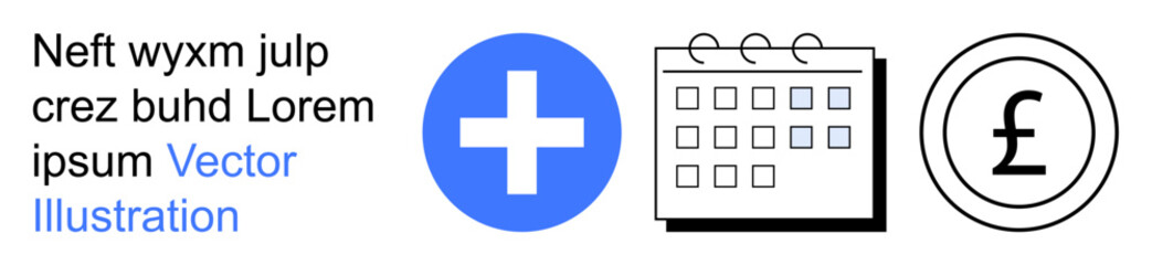 Fototapeta premium Healthcare costs, financial planning, medical scheduling, budgeting, healthcare services, time management. Blue medical cross, calendar and currency icon. Healthcare costs and financial planning