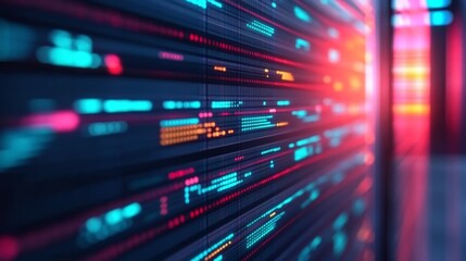 Naklejka premium Close-up of a futuristic server rack display, showing vibrant blue, red, orange digital data flowing, symbolizing information technology, big data and cybersecurity. Data, Technology