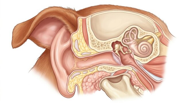 The anatomy of a dogs ear, highlighting its various structures for veterinary education and pet medical training.