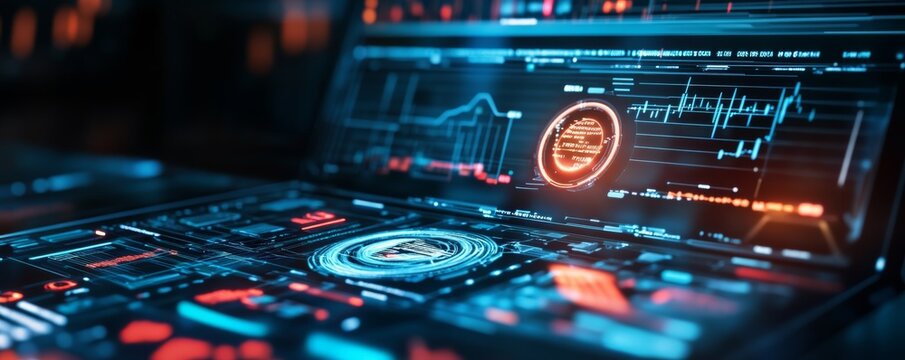 Close-up of a futuristic glowing digital display, showcasing vibrant blue and orange data graphs, interactive UI elements and complex network analysis on a dark, blurred background.