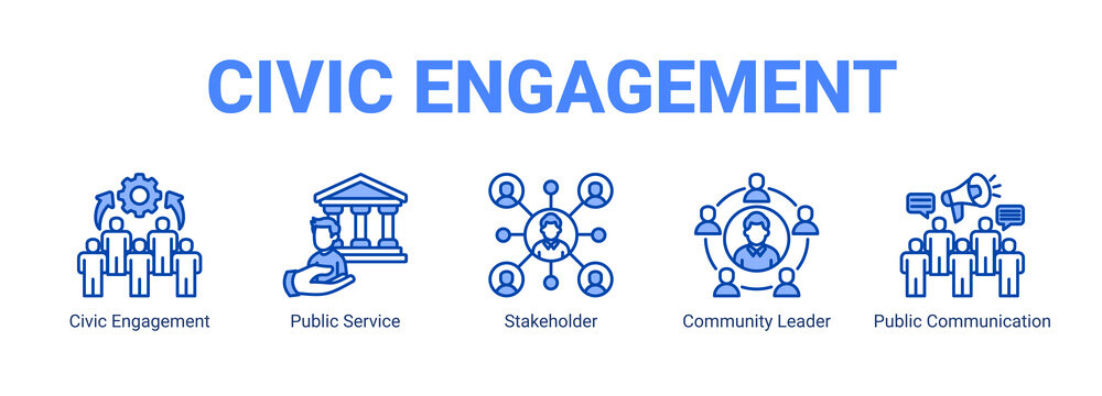 Civic Engagement web banner icon concept, with Civic Engagement, Public Service, Stakeholder, Community Leader.