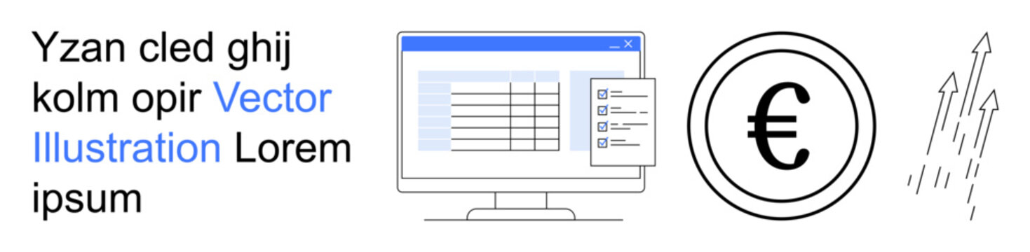 Business analytics, finance management, investment trends, profit tracking, currency conversion, data processing. A monitor with a spreadsheet, Euro symbol and arrows. Business analytics and finance