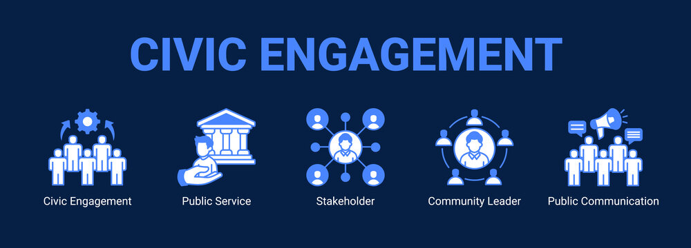 Civic Engagement web banner icon concept, with Civic Engagement, Public Service, Stakeholder, Community Leader.