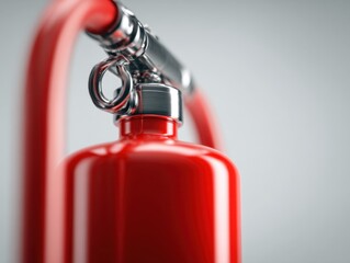 Obraz premium Detailed view of a bright red fire extinguisher nozzle and hose against a clean, neutral background highlighting safety equipment features