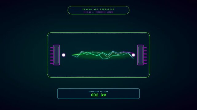 A futuristic digital interface displaying fusion reactor plasma oscillations with increasing voltage levels across a neon green and magenta head up display for science