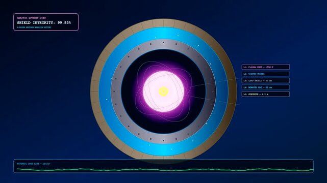 A futuristic holographic interface displaying a fusion reactor plasma core with orbiting energy particles and concentric shielding rings against a dark blue cosmic backdrop