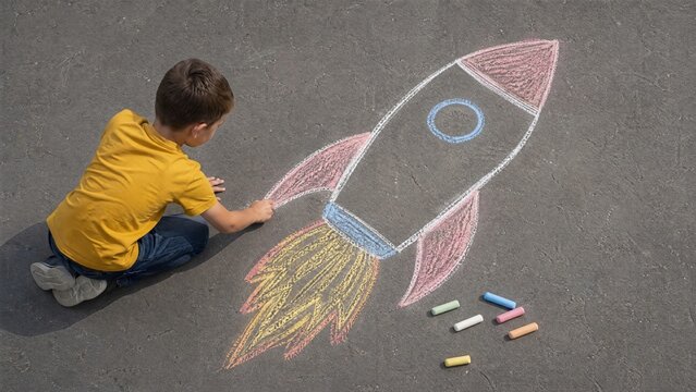 Boy drawing rocket with chalk on pavement outdoors  