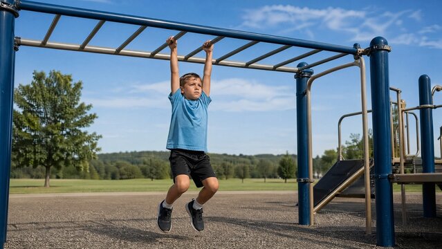 Boy hanging from monkey bars at playground under blue sky  