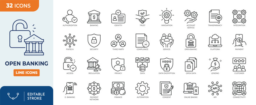 Open banking icon set. Contain icons related to open banking, api, fintech, data, security, banking, access, finance, integration, transaction, and more. Editable stroke. Vector illustration
