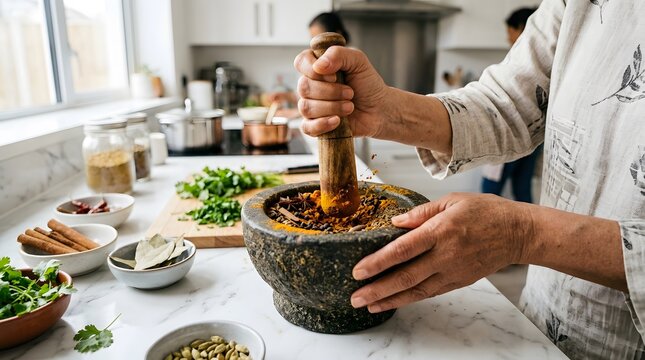 Close up of person hands crushing aromatic spices in stone mortar and pestle for traditional cooking