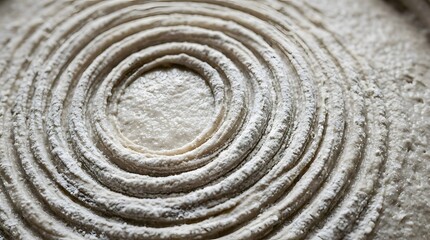 Fototapeta premium Close up of raw sourdough bread dough with spiral patterns and flour dusting from banneton proofing basket