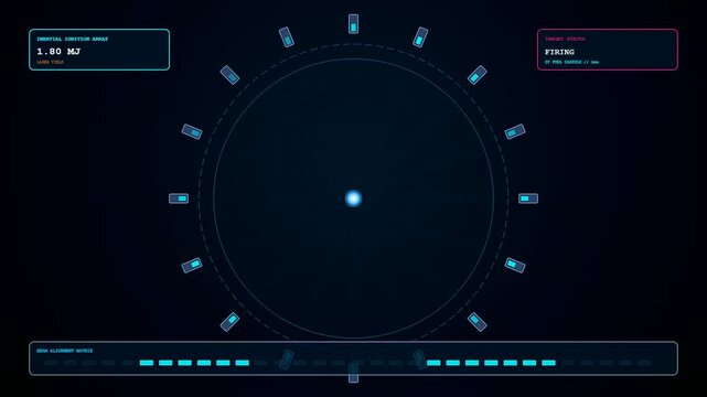 An animated hud interface showing fusion reactor plasma ignition cycles through arming and firing phases with glowing blue beams converging on a central point