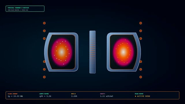 Cinematic digital interface visualizing fusion reactor plasma inside a toroidal chamber depicting oscillating thermal energy and glowing orange cores against a deep navy background