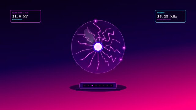 A futuristic simulation of a fusion reactor plasma sphere emitting vibrant purple electrical arcs within a dark laboratory environment featuring floating digital telemetry readouts
