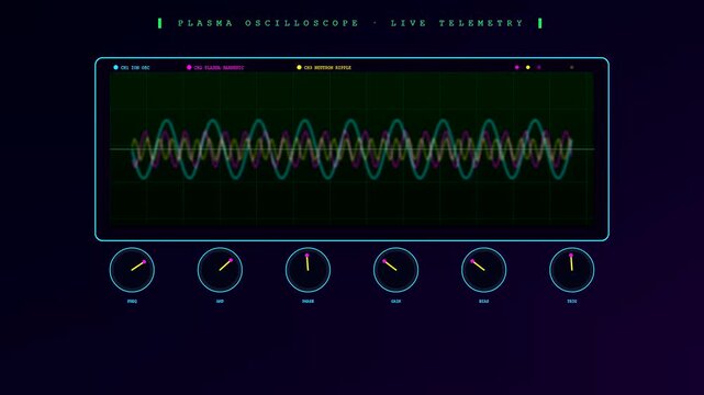 A digital interface displaying fusion reactor plasma telemetry with oscillating wave patterns and rotating gauges against a dark neon purple background in a futuristic laboratory