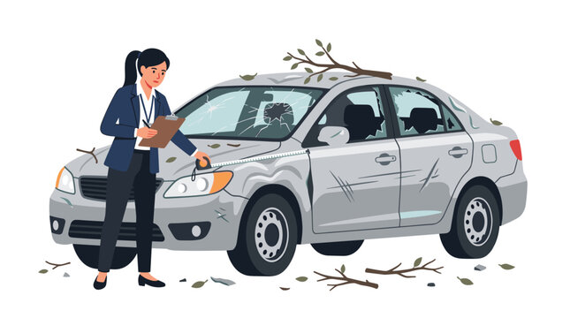 A woman in a suit stands and examines a severely damaged silver car with a cracked windshield and broken windows using a tape measure.