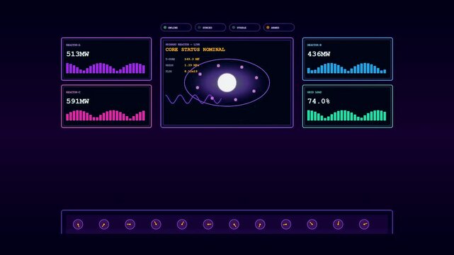A futuristic digital interface monitoring the fusion reactor plasma while cyan and magenta energy graphs fluctuate across a dark holographic display in real time