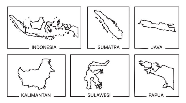 Outline maps of Indonesia and its major islands: Indonesia, Sumatra, Java, Kalimantan, Sulawesi, and Papua.