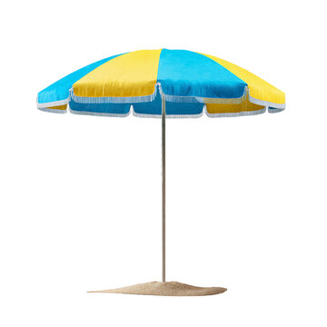 A vibrant beach umbrella, with a stylish, contrasting color scheme, stands erect on a sandy beach, providing a focal point. SVG, PNG Transparent Background