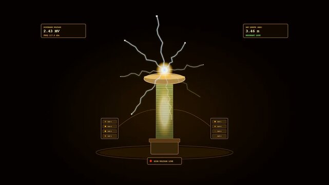 A glowing fusion reactor plasma emits erratic electrical bolts from a golden cylindrical machine against a dark void with holographic interface panels flickering