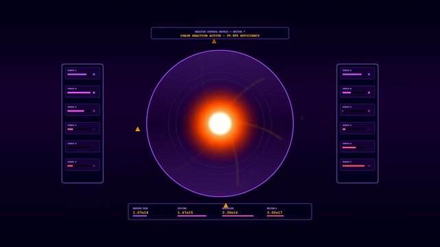 A digital interface featuring fusion reactor plasma with orbiting warning indicators and pulsing orange energy cores surrounded by magenta data gauges within a violet void
