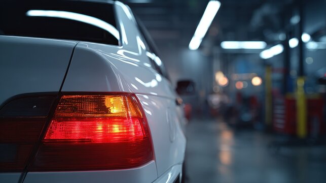 Rear view of a white sedan with illuminated brake light inside a dimly lit automotive repair garage with blurred equipment and fluorescent lights in background
