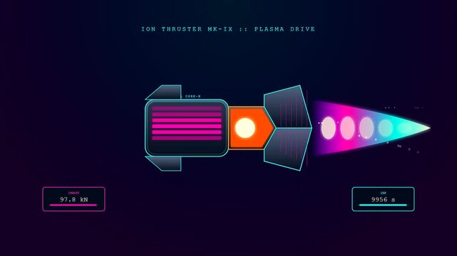 A futuristic fusion reactor plasma drive accelerating its thrust output through digital readouts while glowing neon magenta and cyan energy pulses across the dark space