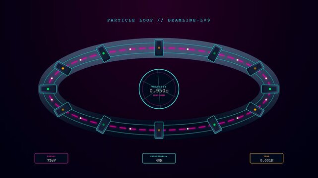 An intricate scientific visualization of fusion reactor plasma accelerating through a neon cyan loop with magenta energy particles orbiting a central digital velocity gauge
