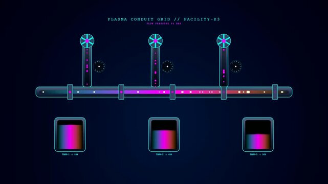 An avant garde digital interface visualizing fusion reactor plasma flowing through neon conduits while tracking energy levels within a dark science fiction control room