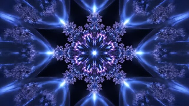 Intricate Blue Fractal Snowflake Mandala with Neon Glow Against a Midnight Black Background