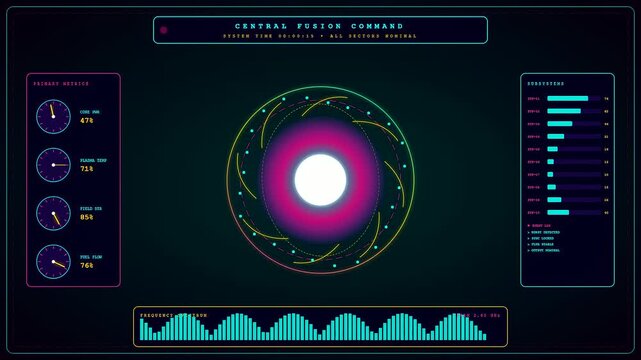 A futuristic digital interface featuring a fusion reactor plasma core rotating with glowing magenta energy while telemetry gauges and cyan frequency spectrums fluctuate in real time