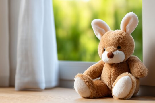 Adorable plush baby animal sitting by a window with soft curtain and natural light streaming in