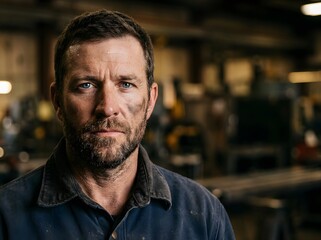 Obraz premium portrait of dirty mechanic with beard looking at camera in industrial workshop
