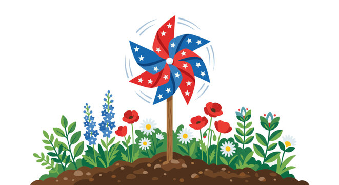 Colorful pinwheel spinning in flower garden for Fourth of July  